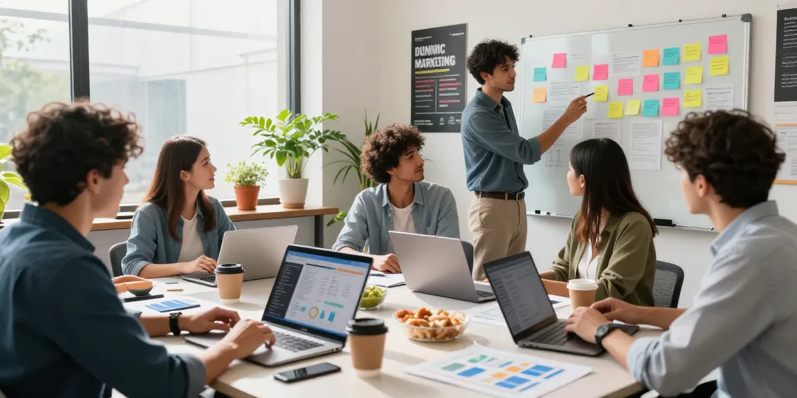 Digital marketers collaborating on jacktoto strategies in a bright co-working space.