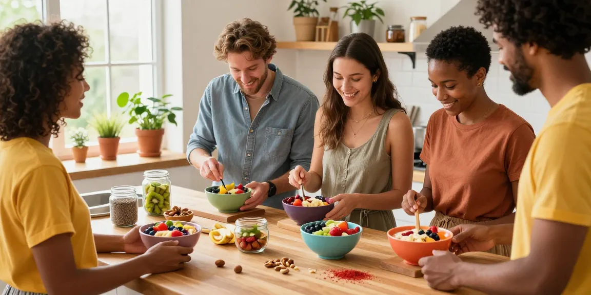 Preparing a colorful smoothie bowl with vegan astaxanthin and fresh fruits in a warm kitchen setting.