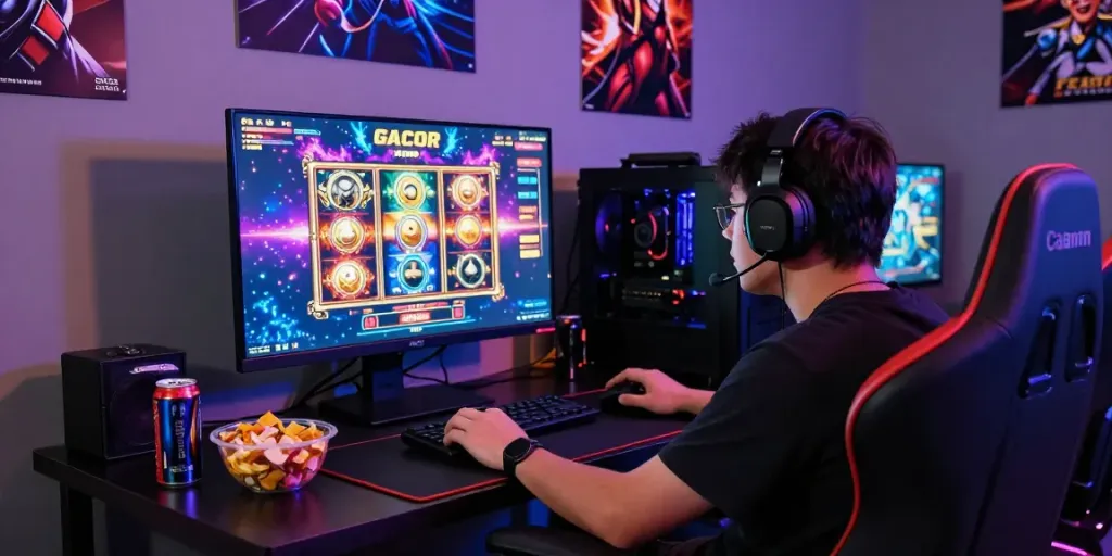 Engaging player immersed in slot gacor online gaming with vibrant graphics and personalized gaming setup.