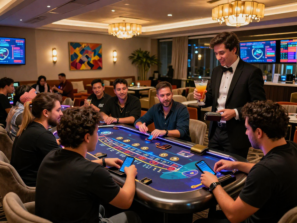 Exciting crypto casino scene with players at a digital blackjack table, capturing the essence of modern gaming.