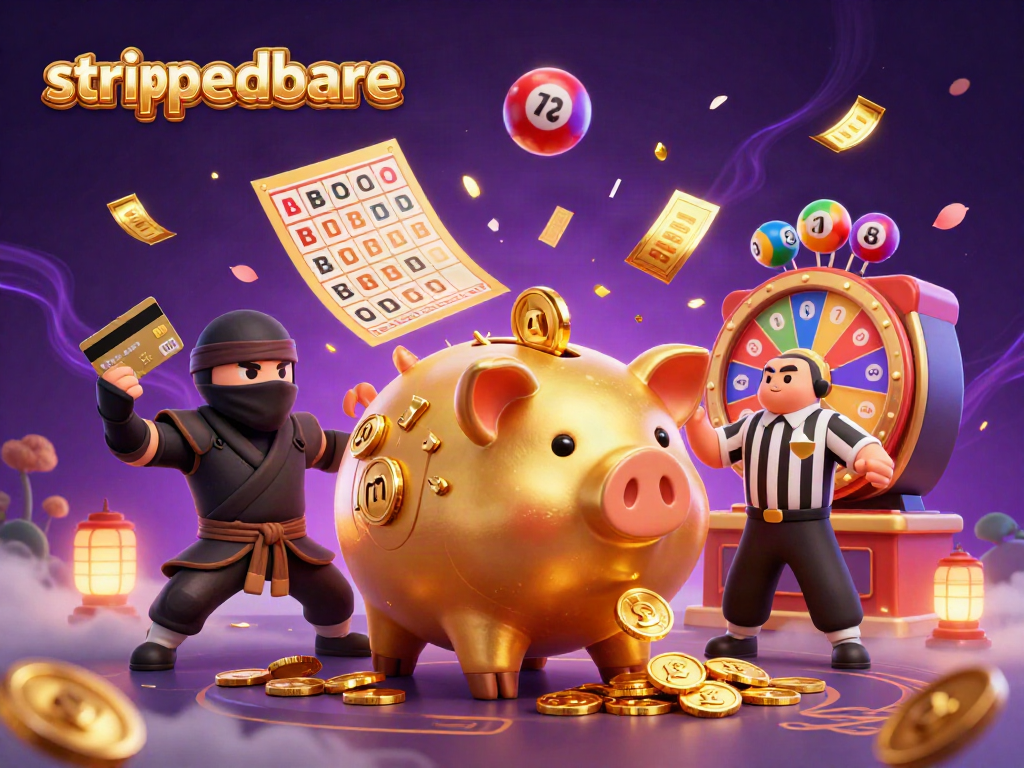Gambar peserta permainan kasino "strippedbare" dengan karakter yang dinamis dan elemen lotere yang berwarna-warni.