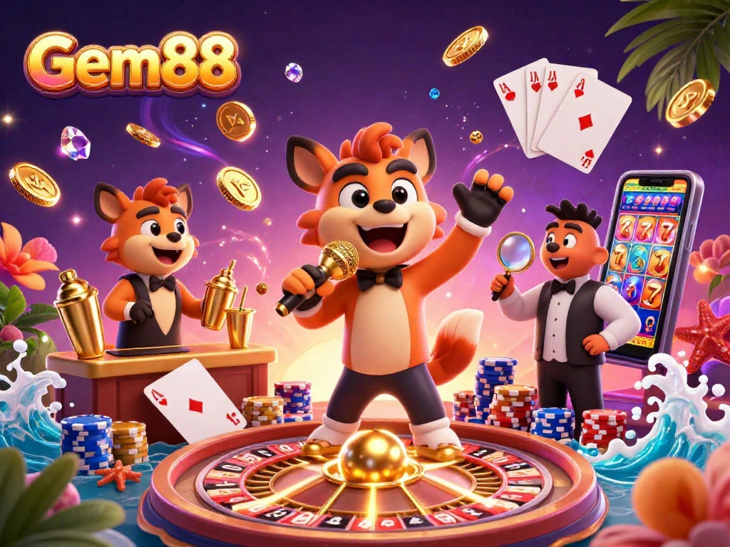 Engage with Gem88 Casino's vibrant 3D comedy scene featuring animated hyenas and thrilling game elements.