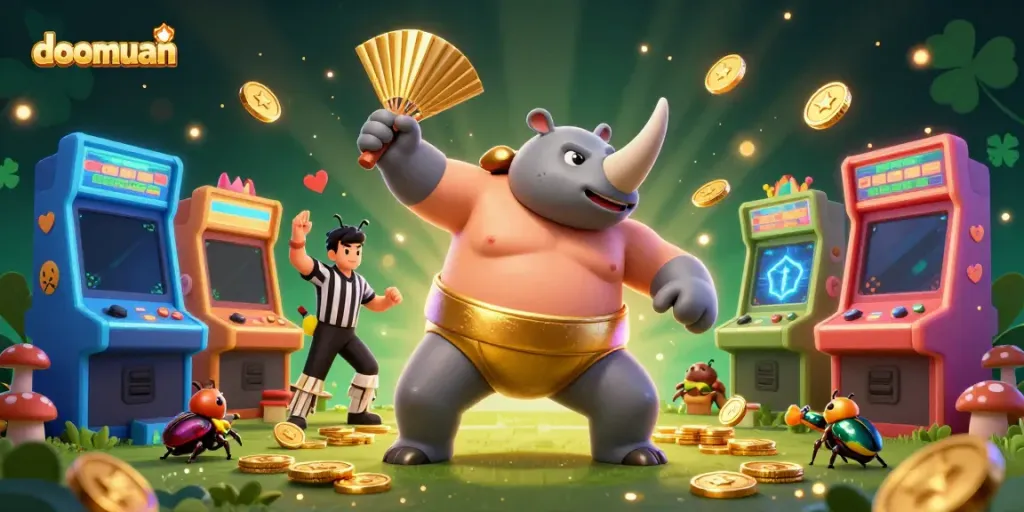 Engage with the thrilling world of doomuan as a rhinoceros beetle champion stomps gold coins in an energetic casino setting.
