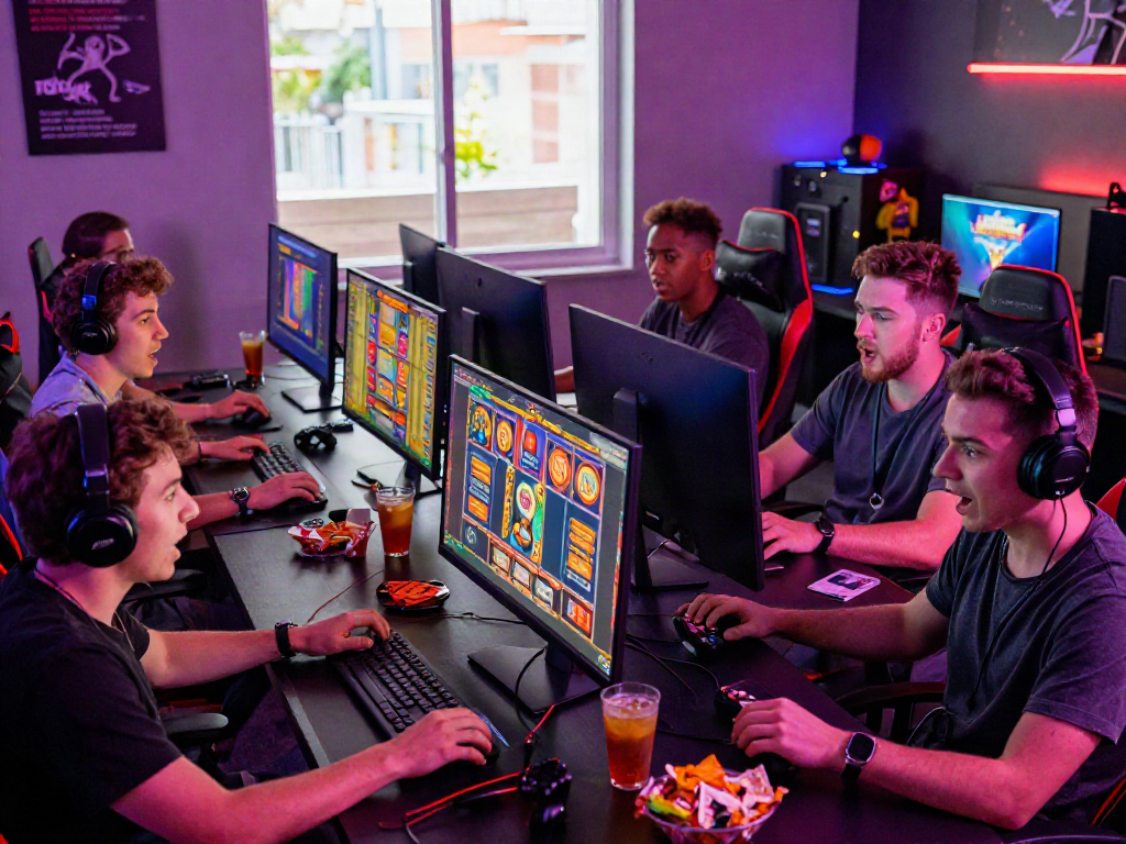 Friends testing ทดลองสล็อต games together, showcasing excitement and vibrant gaming atmosphere.