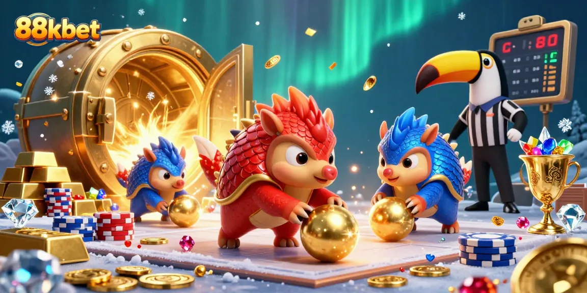 88kbet pangolins compete with golden chips and treasures in a vibrant casino illustration.
