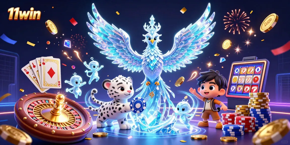 Experience dynamic wins with 11win, showcasing casinos with vibrant characters and golden coins.