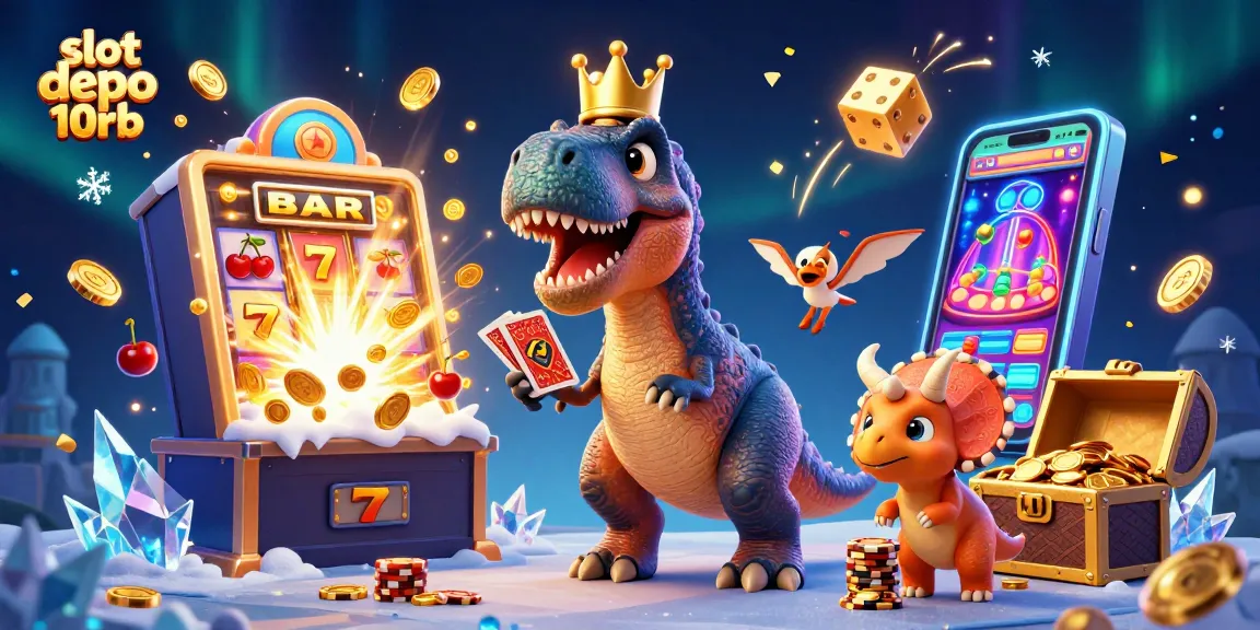 Spin the reels with slot depo 10rb as playful dinosaurs celebrate a jackpot explosion.
