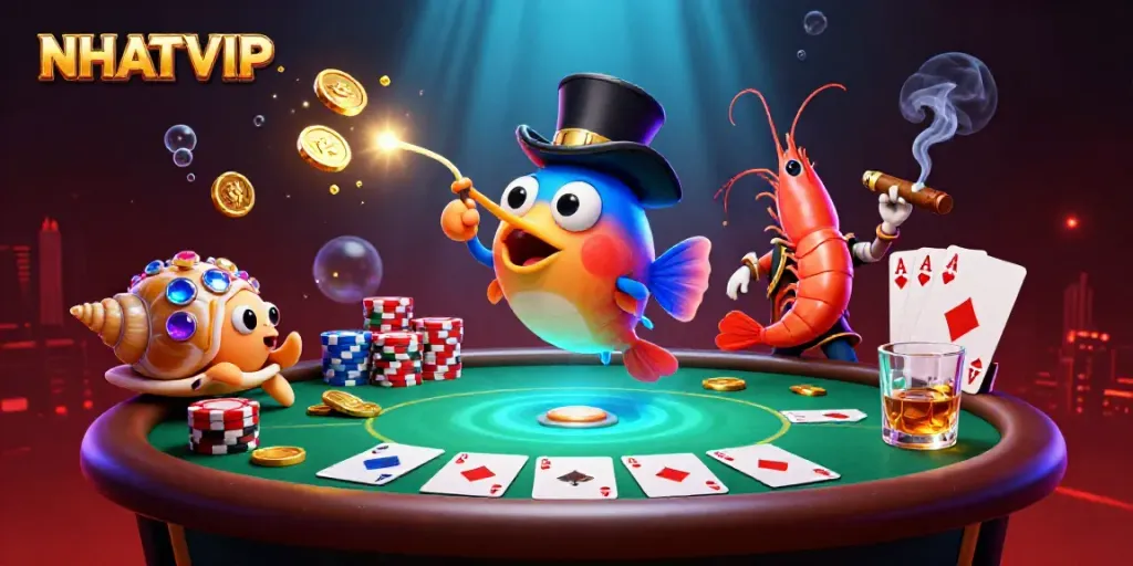 Engage with NHATVIP as the anglerfish attracts golden coins amidst a vibrant casino scene.