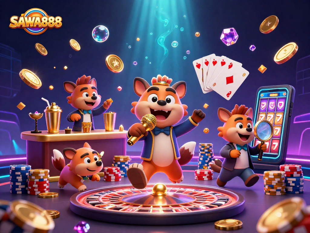 SAWA888 hyena characters performing in a dynamic casino scene with sparkling jewels and vibrant action