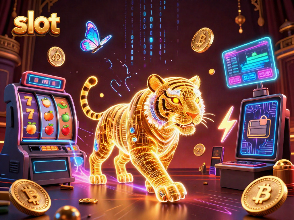 Engage in thrilling slot action with a neon golden tiger and vibrant slot elements in a digital casino