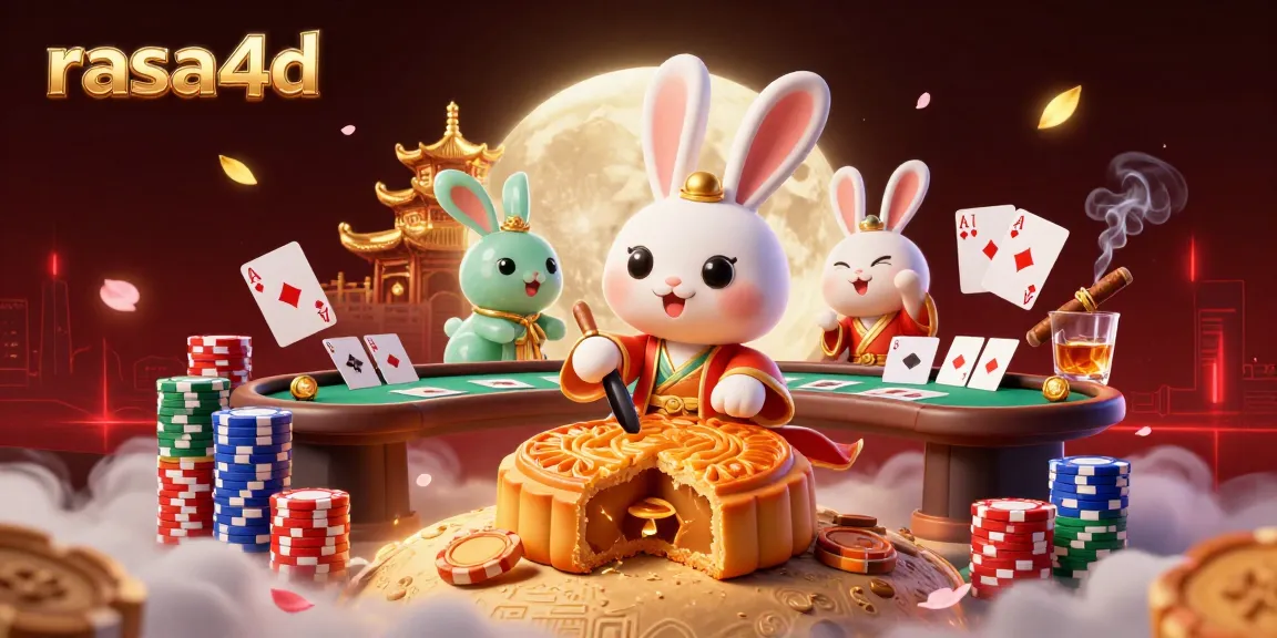 Visualisasi rasanya bermain di rasa4d dengan karakter kelinci bulan di tengah koin poker.