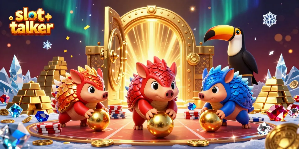 Engaging scene with slot talker pangolins competing under a dazzling golden vault backdrop.