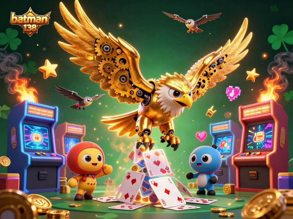 Experience thrilling wins with batman138 as a cybernetic eagle soars through a vibrant casino.