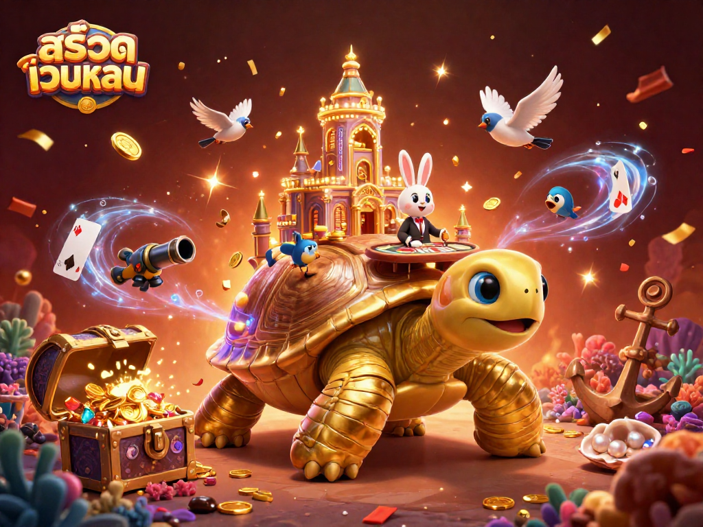 Engage in diverse gaming with สล็อตเว็บตรง as birds bring golden coins around a tortoise casino.