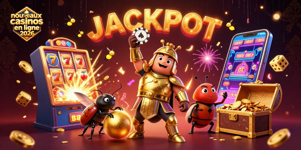 Illustrez les nouveaux casinos en ligne 2026 avec un scarabée hellénique en armure d'or levant un jeton de poker.