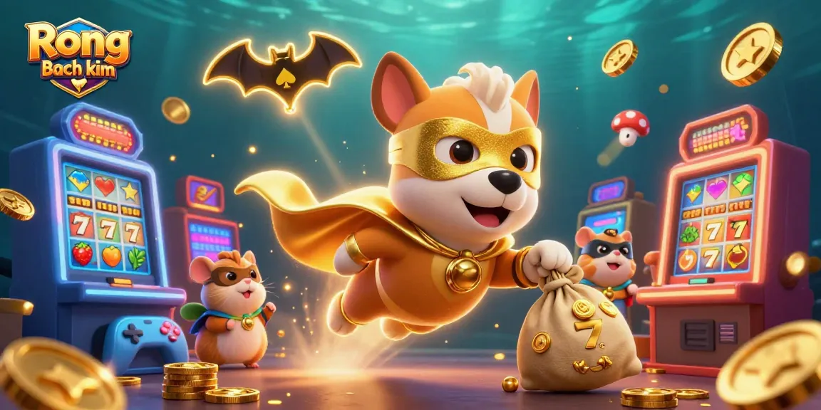Play exciting slot games with Rong bach kim while a superhero dog and hamster collect gold coins.