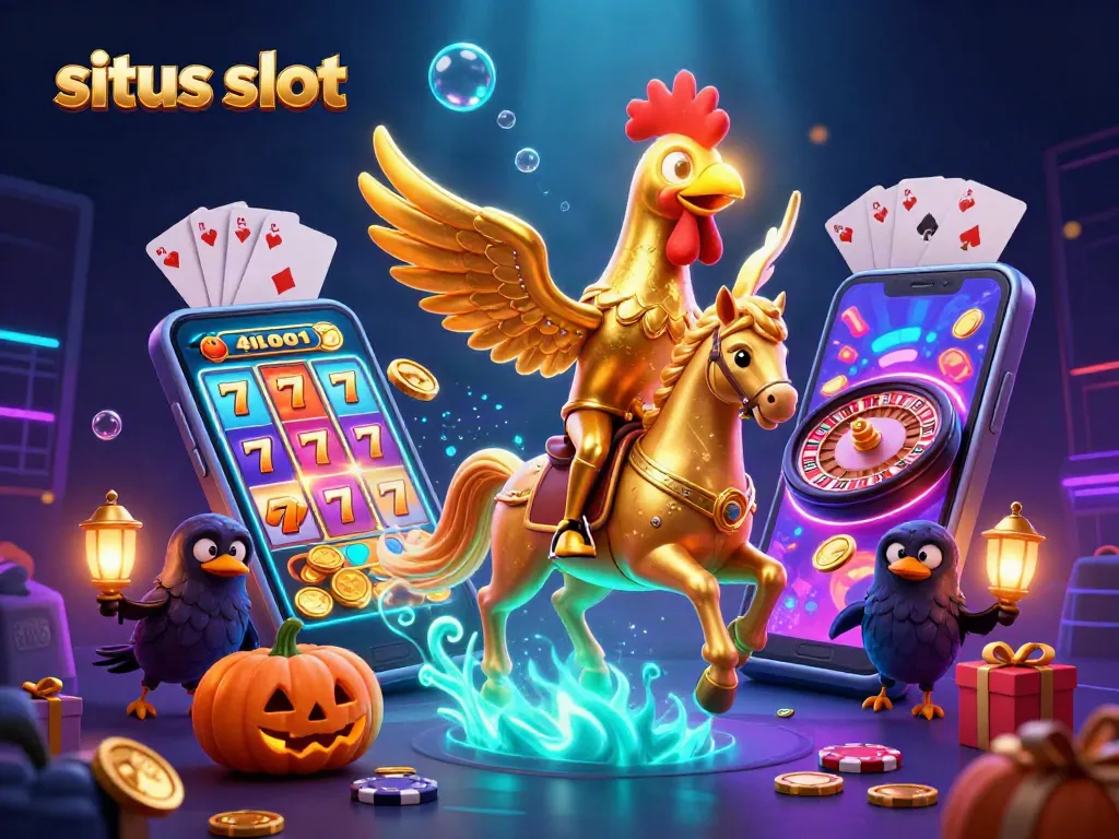 Engage with situs slot and discover winning strategies amidst a vibrant casino scene featuring a golden rooster.