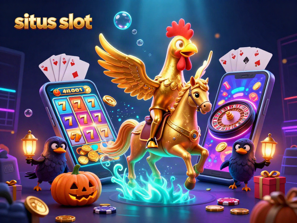 Engage with situs slot and discover winning strategies amidst a vibrant casino scene featuring a golden rooster.