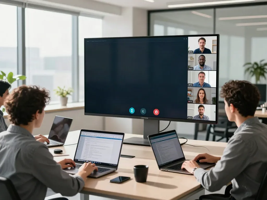 Deepfake protected Online Video Calls, Meetings and Conferencing in a modern office with team using security technology.