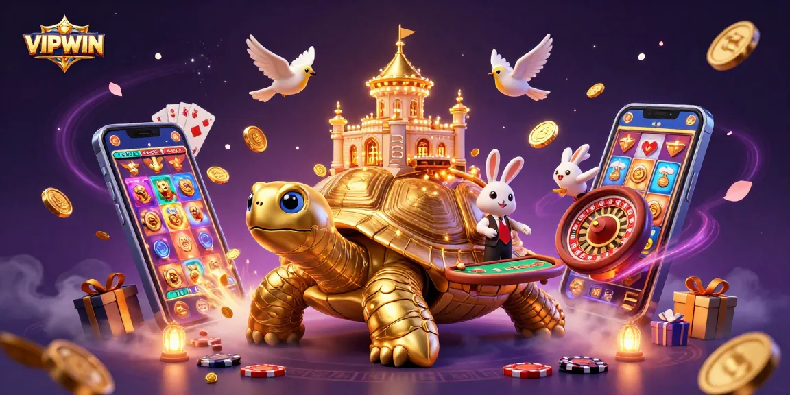 Engage in thrilling games at VIPWIN with a lively casino scene featuring gold coins and dynamic gaming elements.