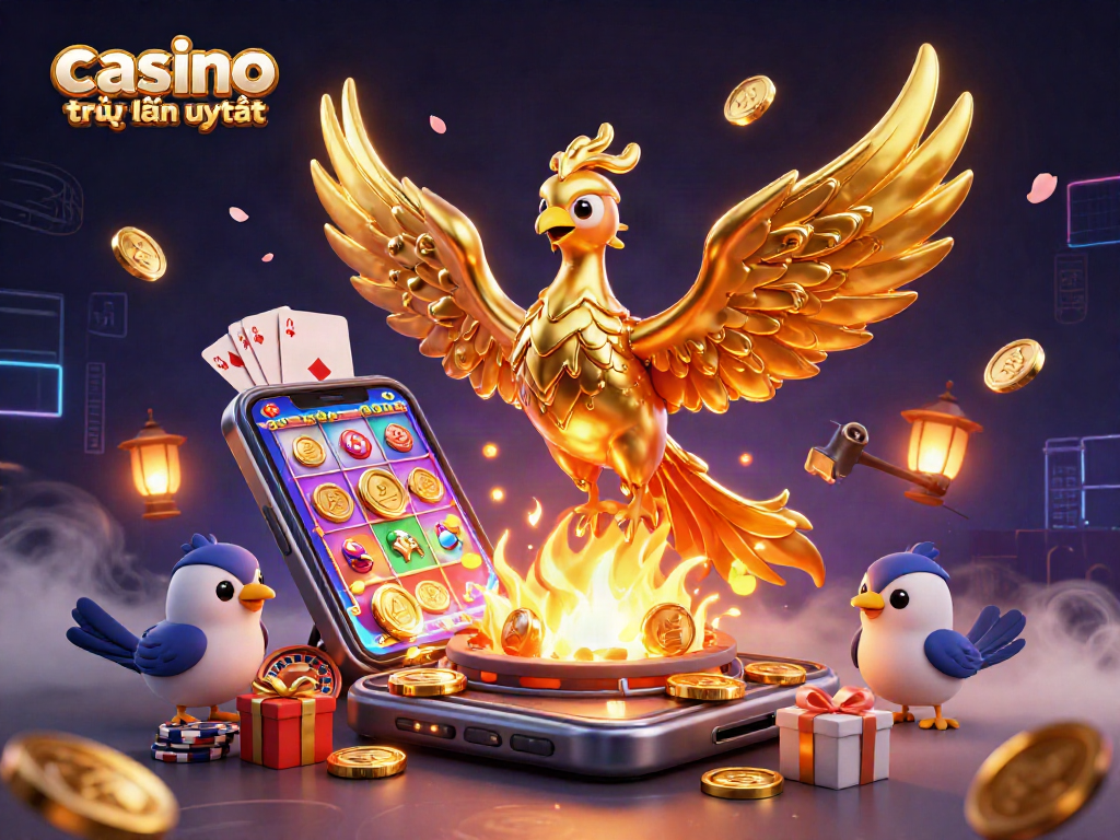 Khám phá các trò chơi tuyệt vời tại casino trực tuyến uy tín với hình ảnh phượng hoàng lấp lánh và các biểu tượng game hấp dẫn.