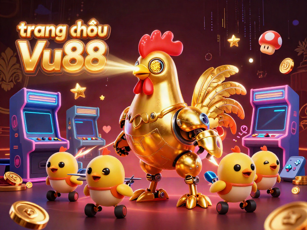 Experience an exciting gaming adventure at trang chủ Vu88 with a dynamic golden rooster robot and baby chick drones