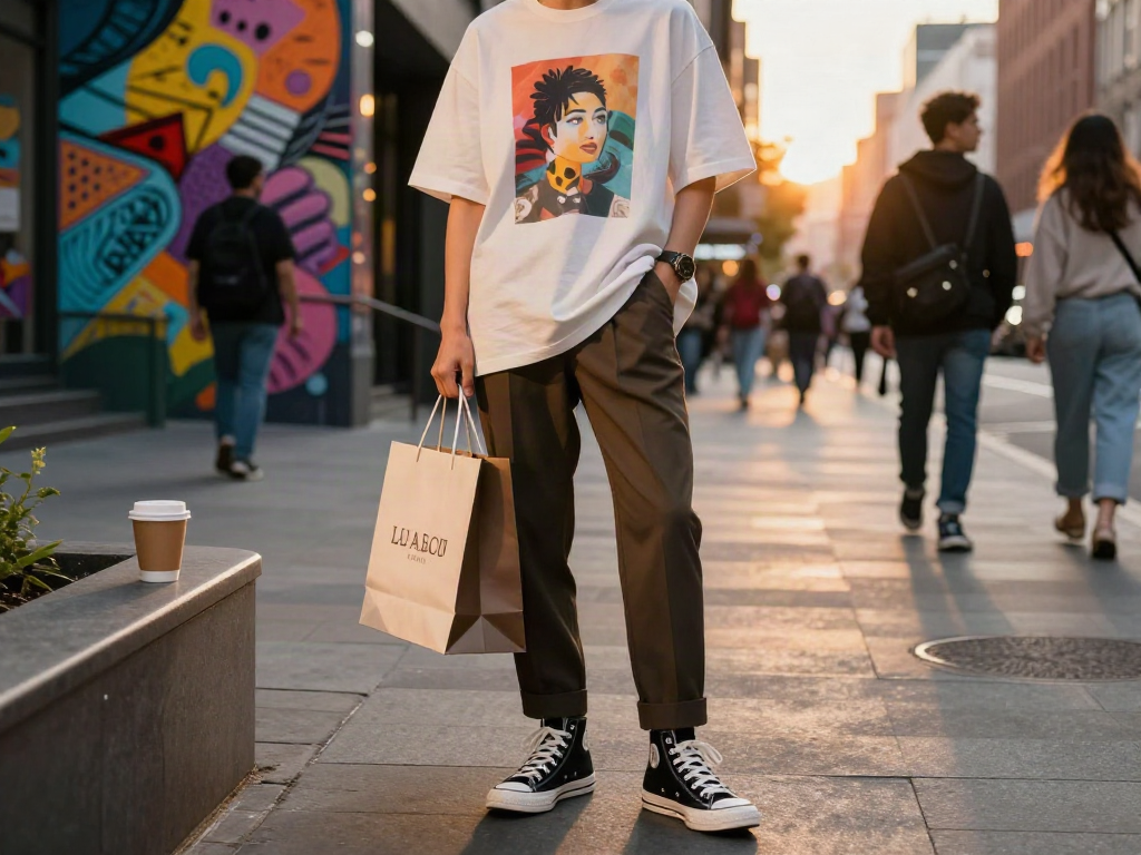 Fashionisk .com urban fashion scene with a stylish individual in trendy outfit on a busy city street.
