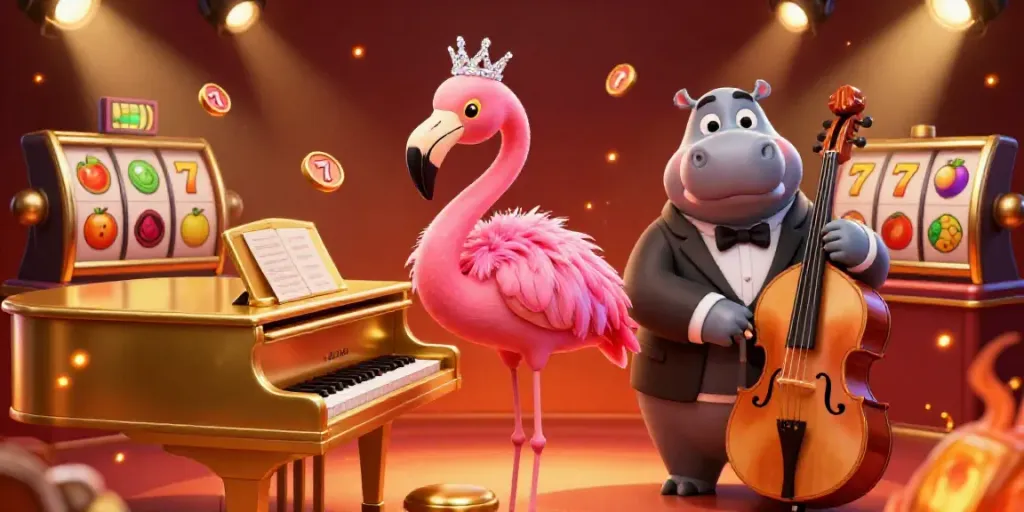 Exciting slot gacor scene featuring vibrant characters and casino elements like reels and fruit symbols.