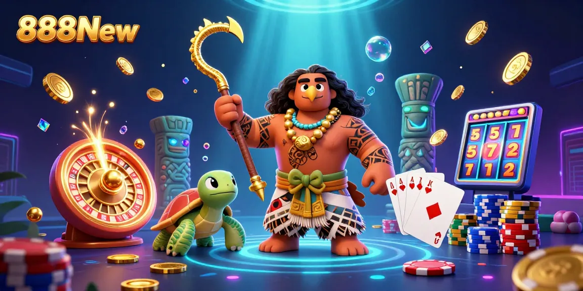 Experience thrilling gameplay with 888New as the demigod and turtle celebrate winnings amid casino elements.