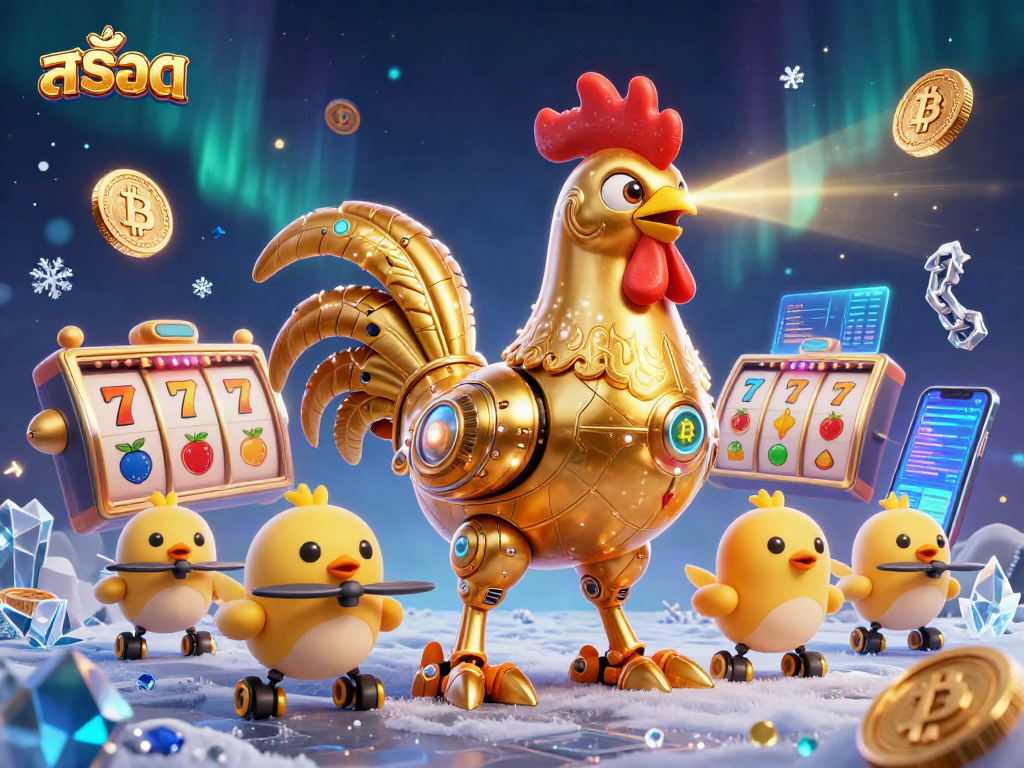 Engage with สล็อต jackpot excitement as a golden rooster robot spins slot reels and beams energy