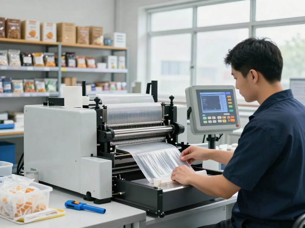 Dynamic scene of customized packaging solutions in a manufacturing environment showcasing an open-mouth bagging machine in action.