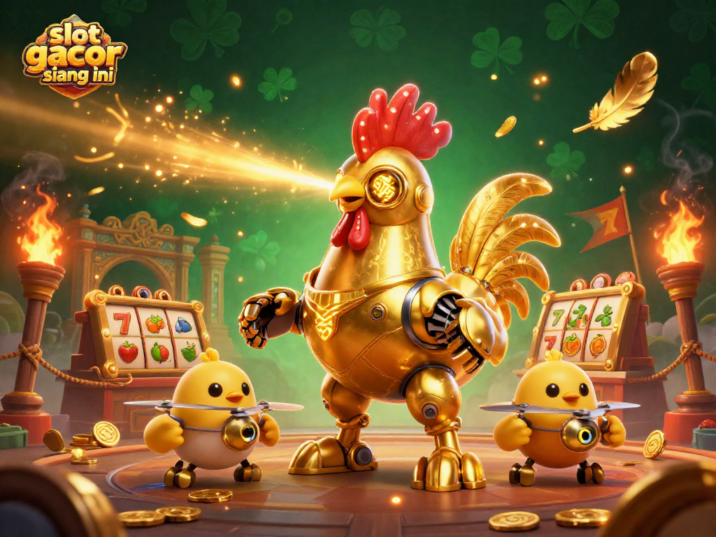 Experience slot gacor siang ini with a golden rooster robot and animated chick drones in action.