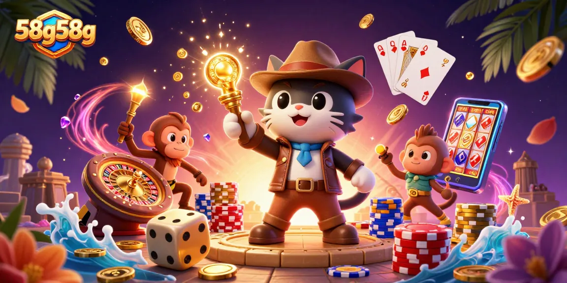 Experience thrilling adventures with 58g58g as cartoon characters uncovering golden casino treasures.