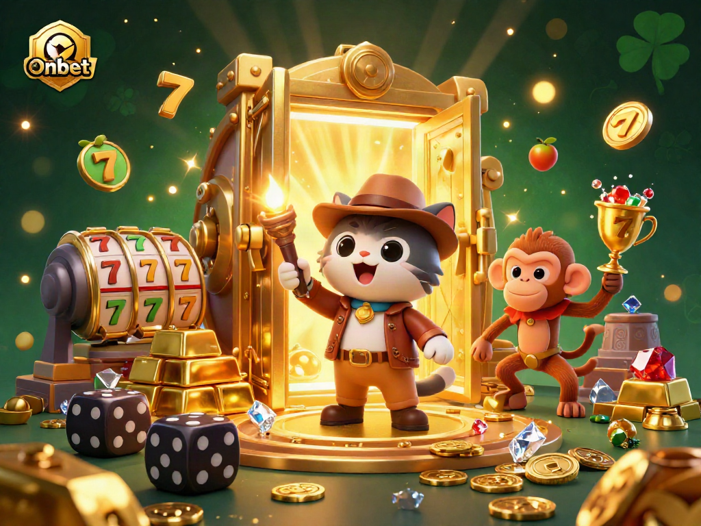 Experience Onbet’s vibrant slot adventure with a treasure-seeking archaeologist cat and dynamic casino elements.