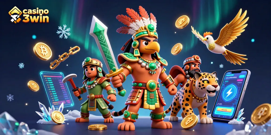 Engage with casino 33win featuring vibrant warriors and crypto elements in an exciting 3D illustration.