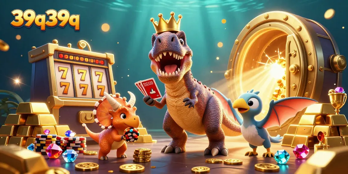 39q39q showcases a vibrant scene with a T-Rex card shuffling, slot reels, and golden treasures