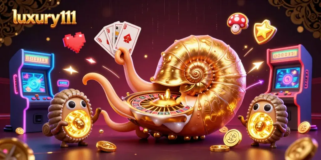 Engage with luxury111’s immersive gaming experience featuring a giant nautilus roulette wheel surrounded by arcade elements.