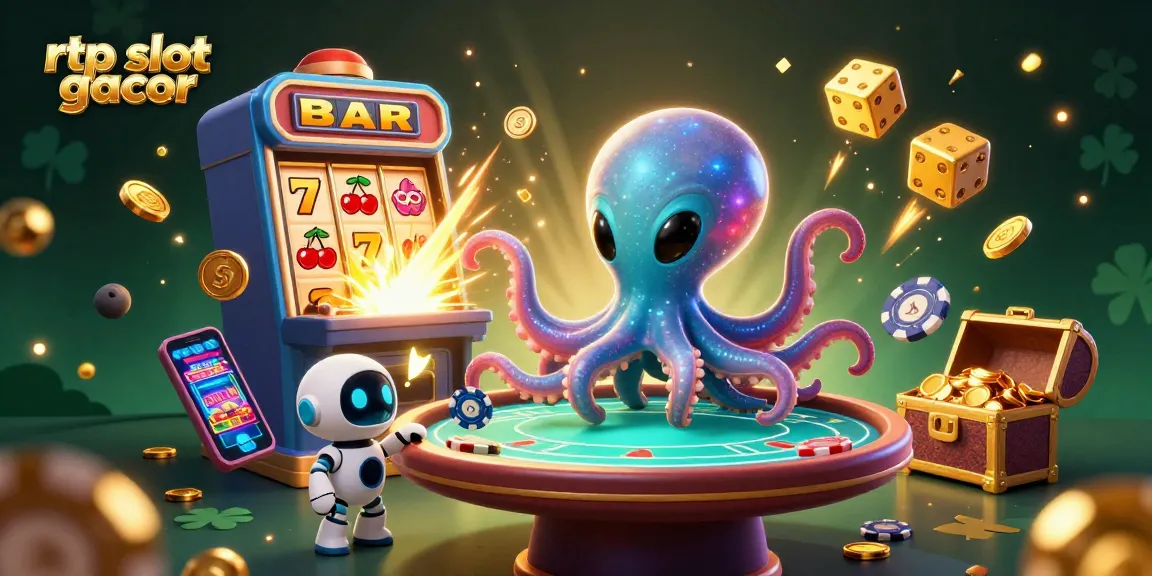 Menggali peluang di rtp slot gacor dengan ilustrasi dinamis, menampilkan karakter alien dan robot dalam suasana kasino