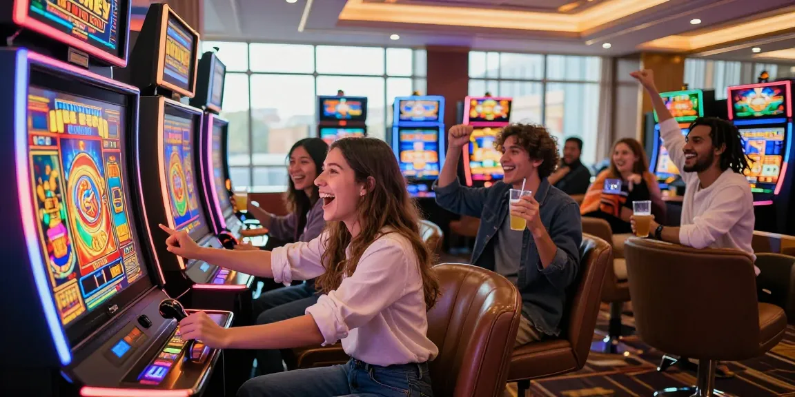 Exciting casino scene showing players enjoying slot bonus new member 100 celebrations with vibrant slot machines and joyful atmosphere.