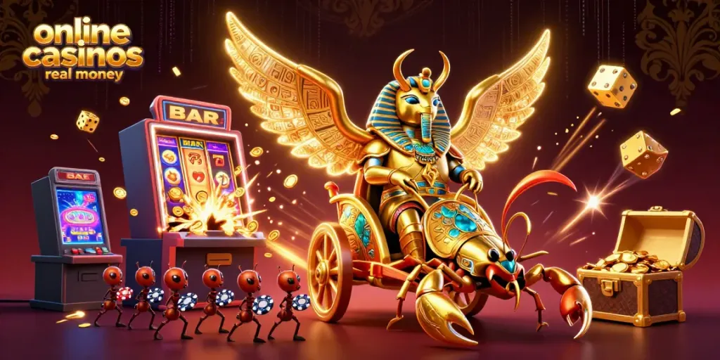 Experience the excitement of online casinos real money with immersive 3D illustration featuring a golden scarab beetle and dynamic game elements.
