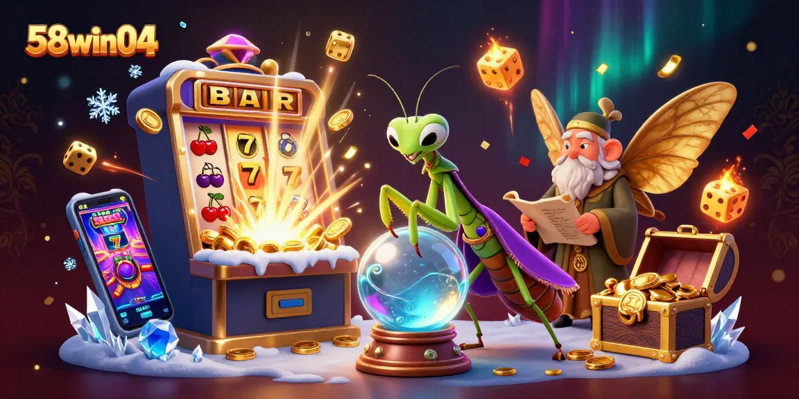 Experience the excitement of winning at 58win04 with vibrant 3D illustrations showcasing casino games and characters.