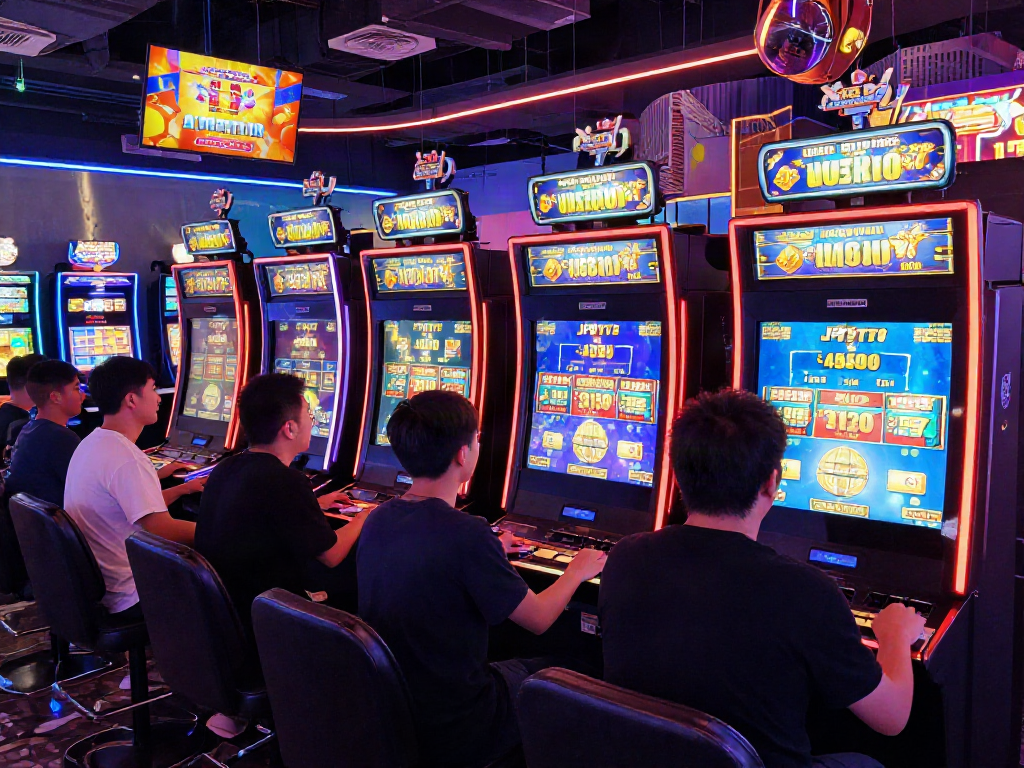 JPTOTO dalam suasana kasino dengan mesin slot, pemain bersemangat meraih jackpot.