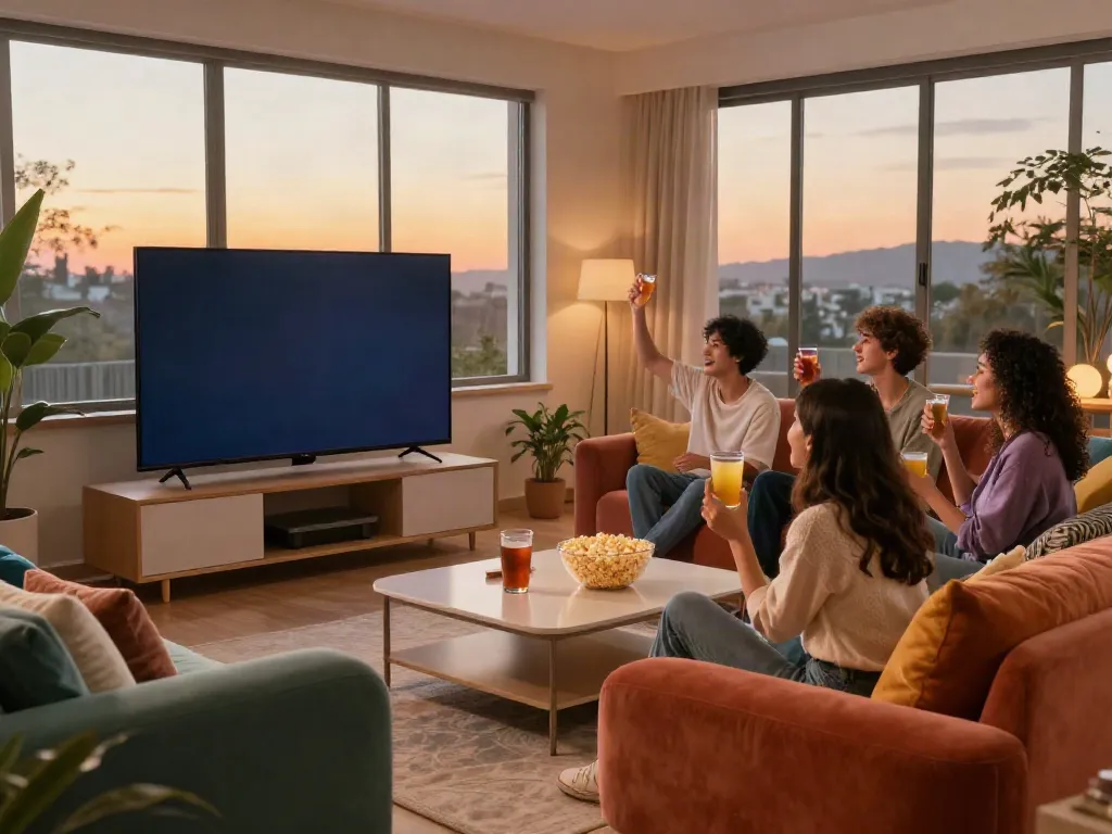 Friends enjoying a JAV sub indo video together in a cozy living room setting.