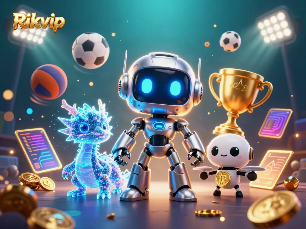 Experience thrilling gaming action with Rikvip in a futuristic 3D casino setup featuring dynamic sports betting elements.