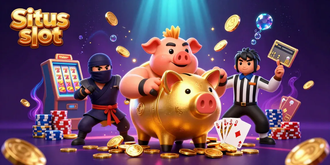The Situs slot illustration depicts a golden piggy bank sumo wrestler creating falling coins while surrounded by a wallet-ninja and a credit-card samurai.