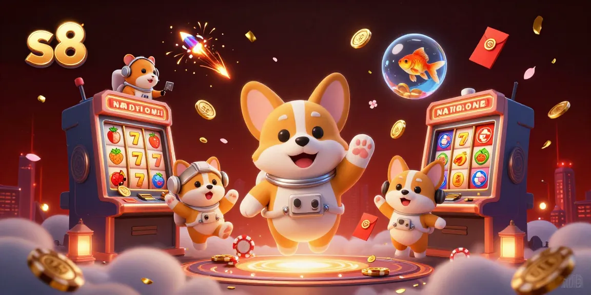 Engage in thrilling slots with s8, as the floating corgi navigates a vibrant space casino.
