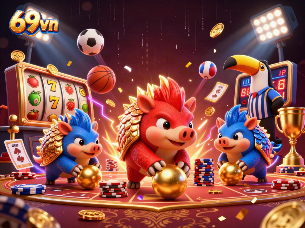 Engage with the exciting world of 69vn, where rival pangolins roll golden balls through vibrant casino elements.