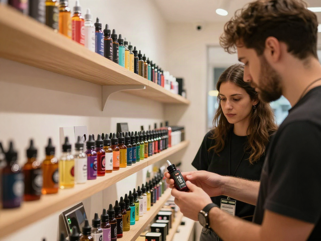 Customer exploring a vibrant selection of vape e liquid in a cozy vape shop.