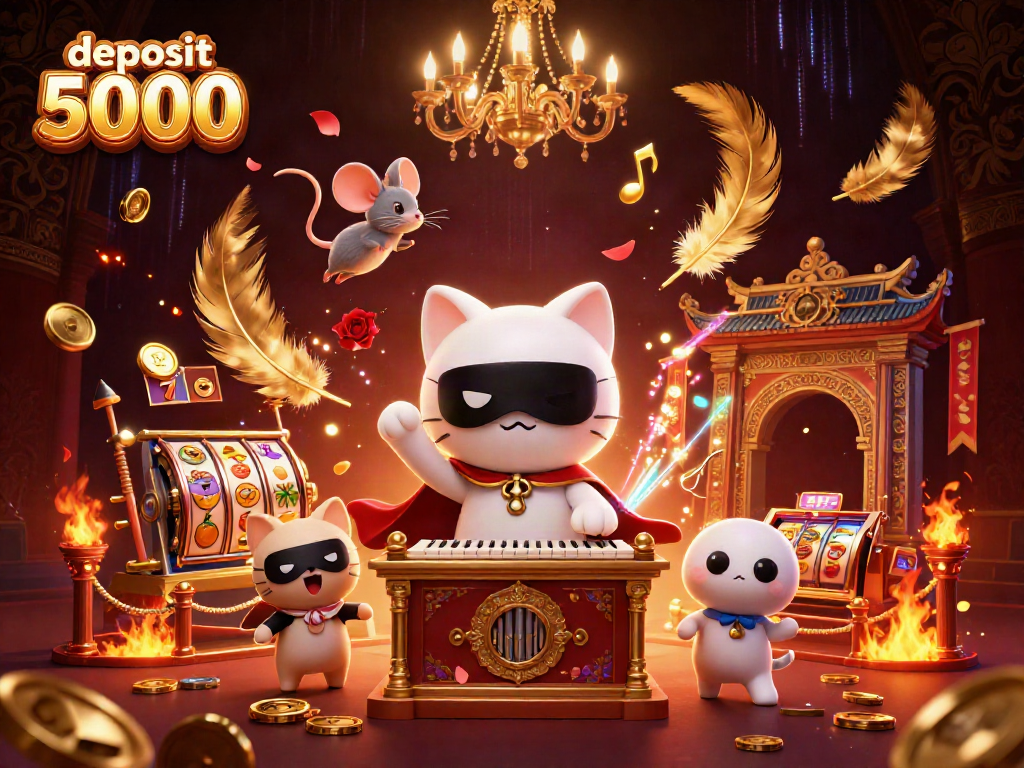 Experience excitement at deposit 5000 with vibrant slot games, fortune symbols, and festive casino atmosphere.