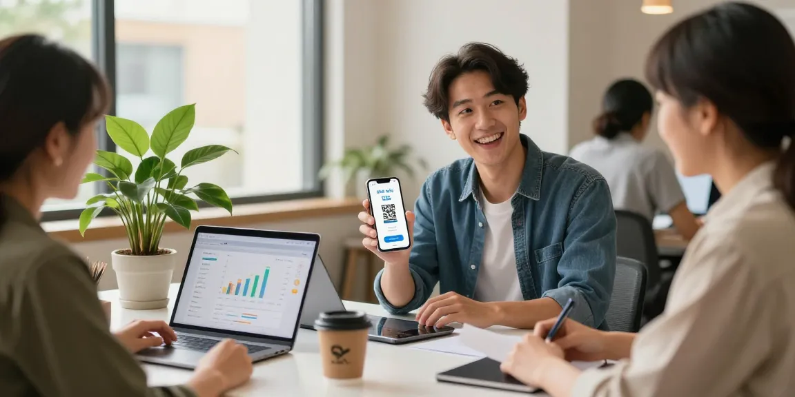 Youthful entrepreneur showcasing slot qris digital payment interface in a vibrant co-working space with collaborative elements.